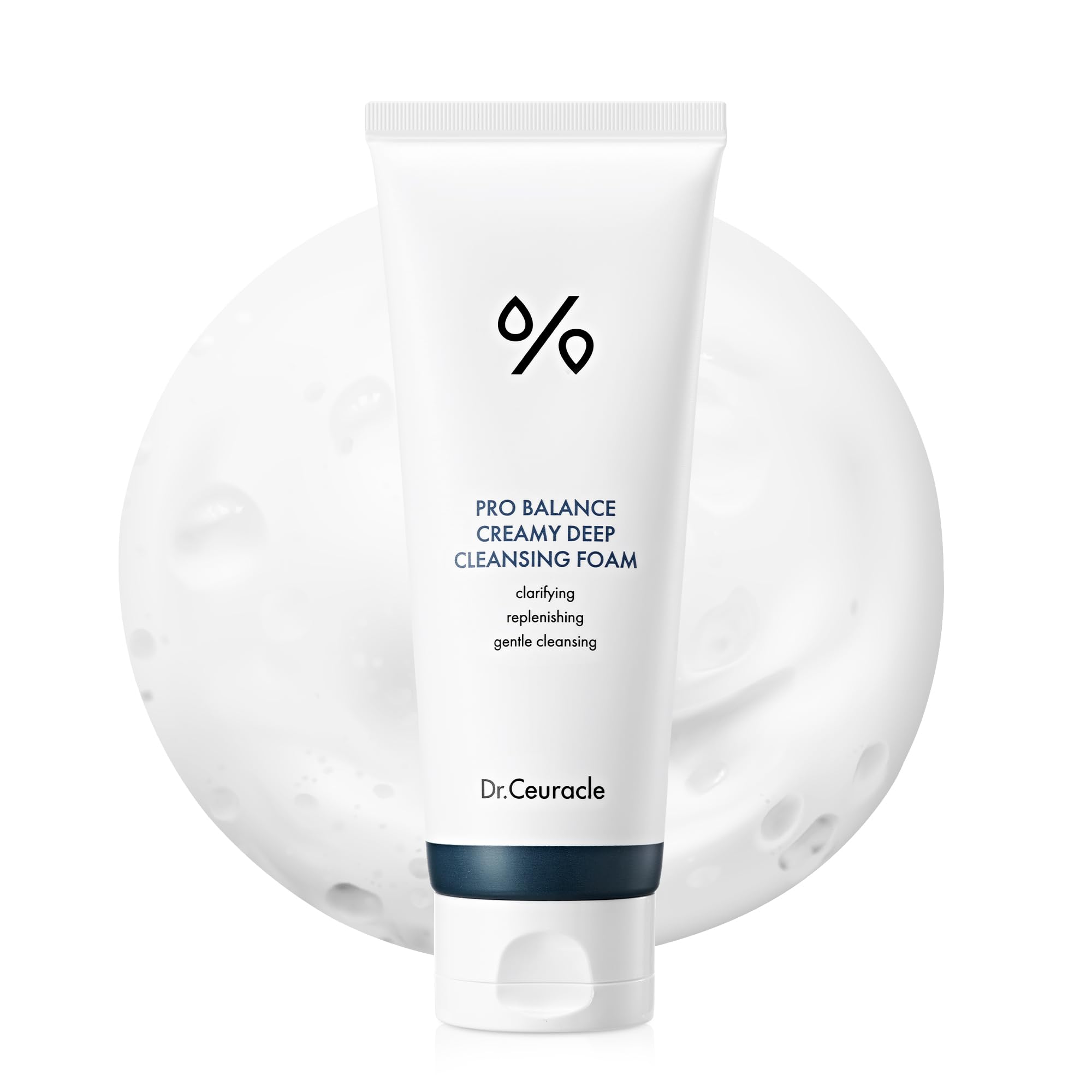 Dr.Ceuracle Pro Balance bottle closeup with creamy foam for gentle cleansing.