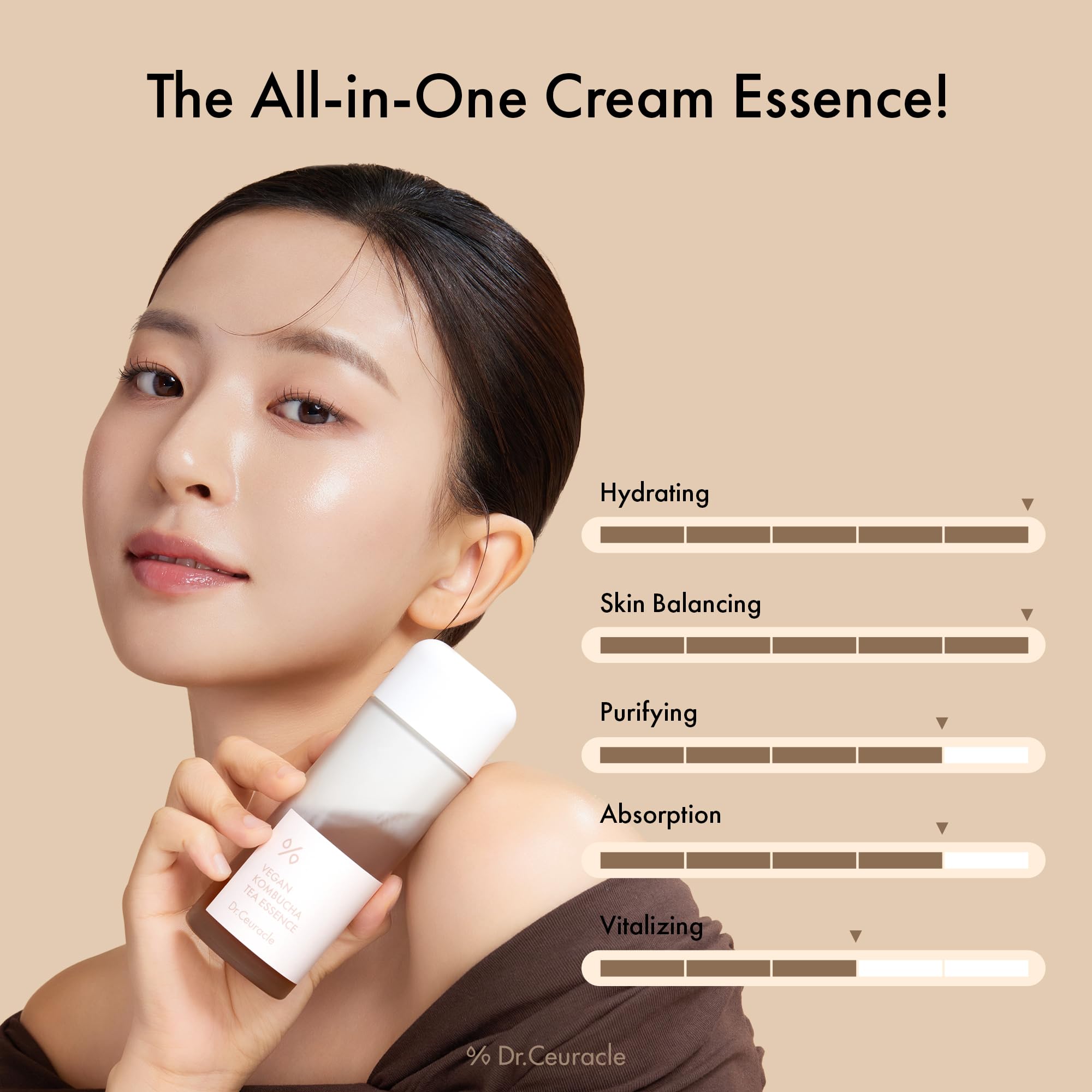 Dr.Ceuracle Vegan Kombucha Tea Essence application close-up shows quick absorption.