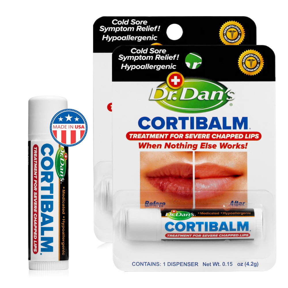 Dr. Dan's Cortibalm 2 Pack packaging detail emphasizes hypoallergenic lip treatment.