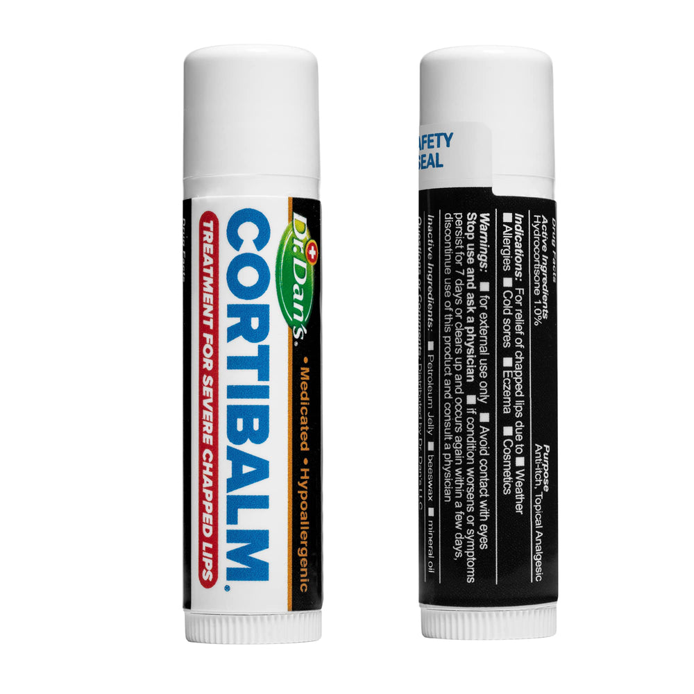 Dr. Dan's Cortibalm 4-pack boxed packaging, travel-friendly lip care for families.