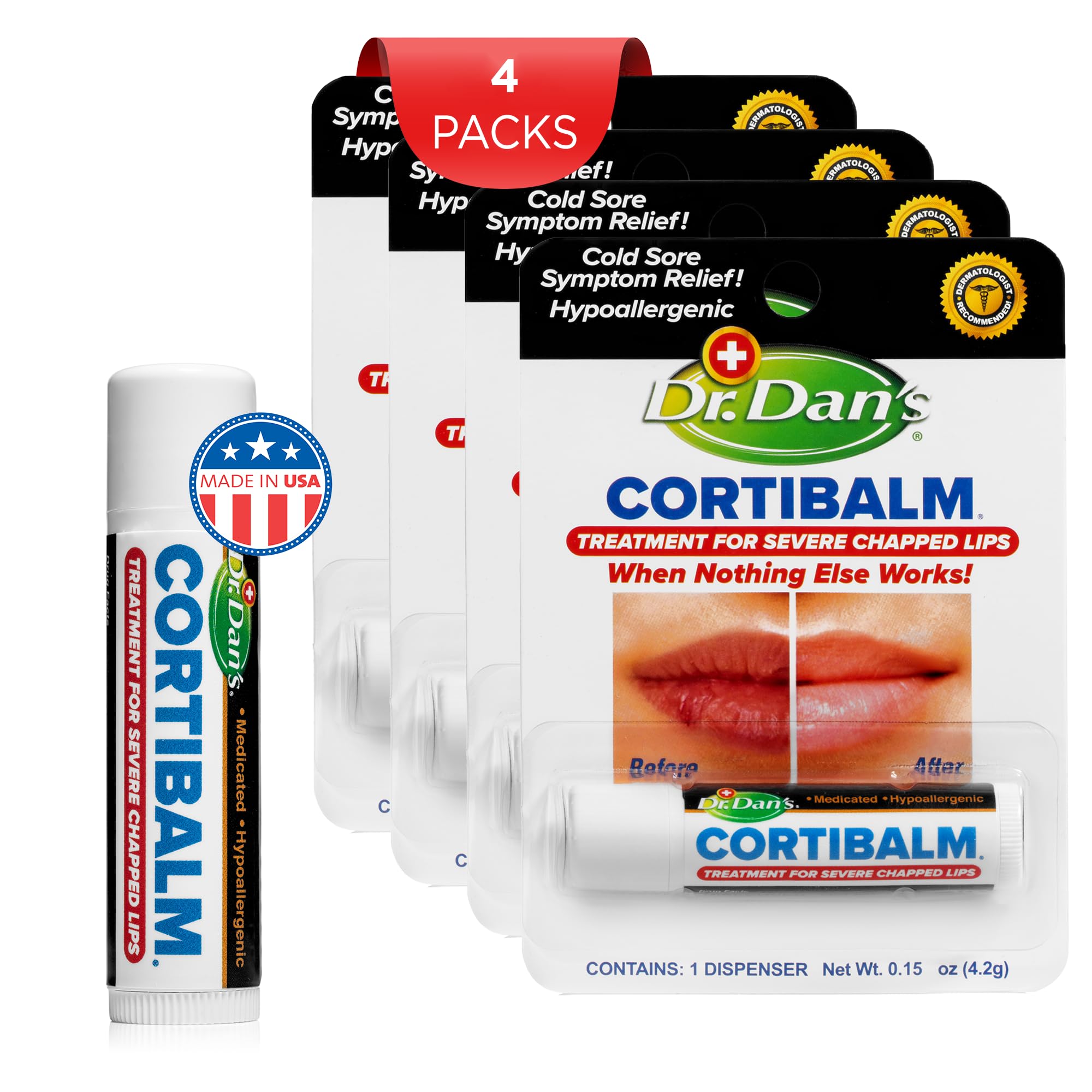Dr. Dan's Cortibalm 4-pack packaging display for quick lip care access.