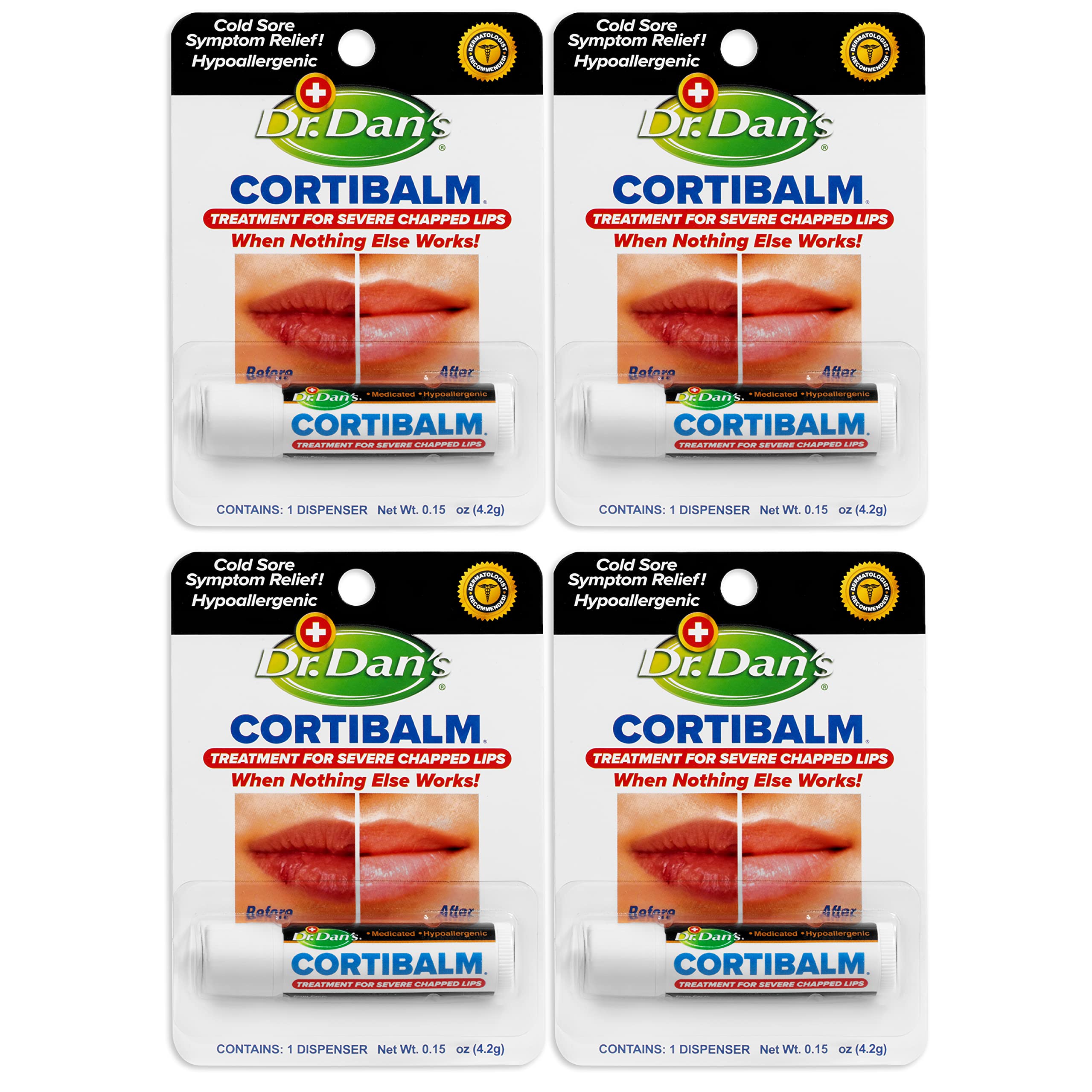 Dr. Dan's Cortibalm 4-pack tube close-up, portable lip care for severe dryness.