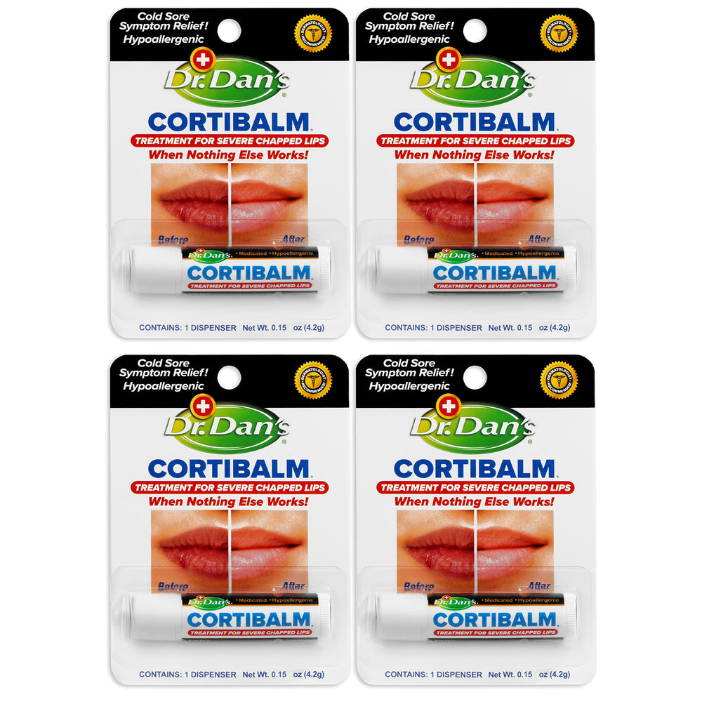 Dr. Dan's Cortibalm 4-pack tube close-up, portable lip care for severe dryness.