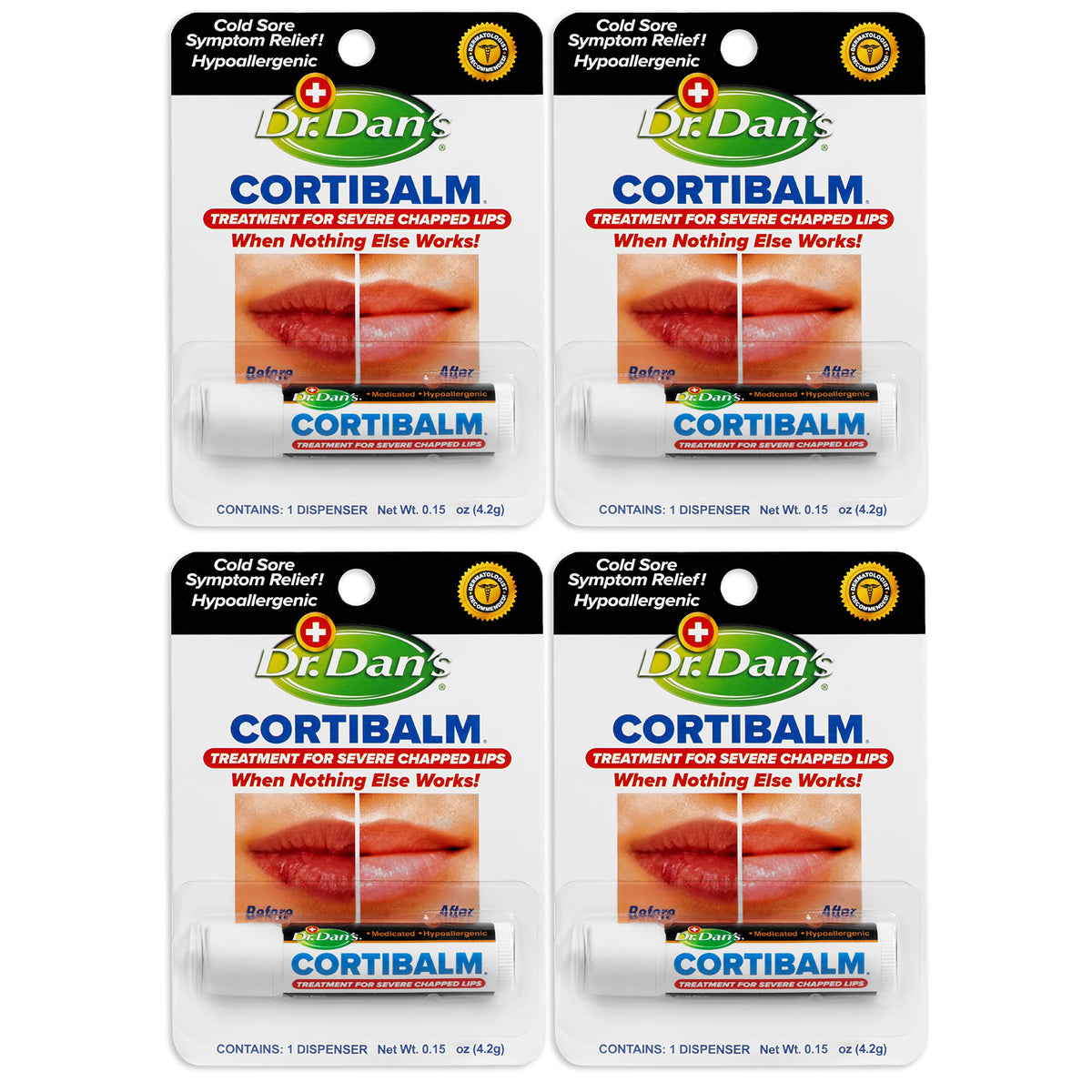 Dr. Dan's Cortibalm 4-pack tube close-up, portable lip care for severe dryness.