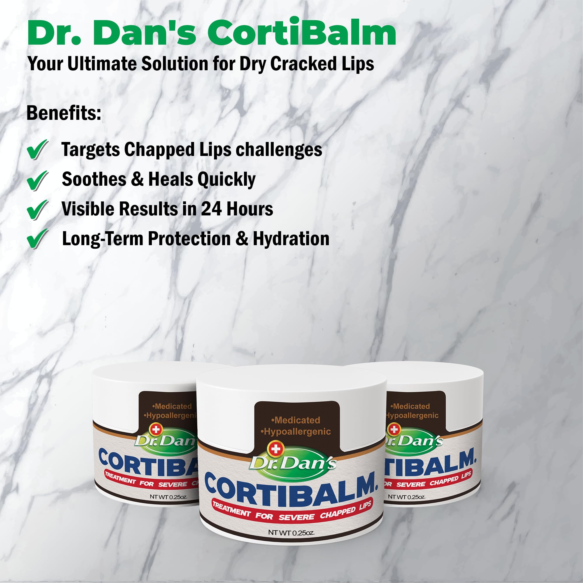 Dr. Dan's Cortibalm jar in hand suggests portable lip care.