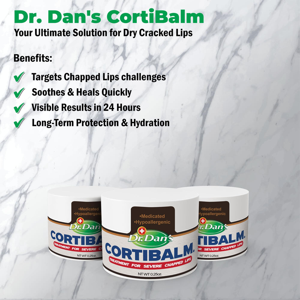 Dr. Dan's Cortibalm jar in hand suggests portable lip care.