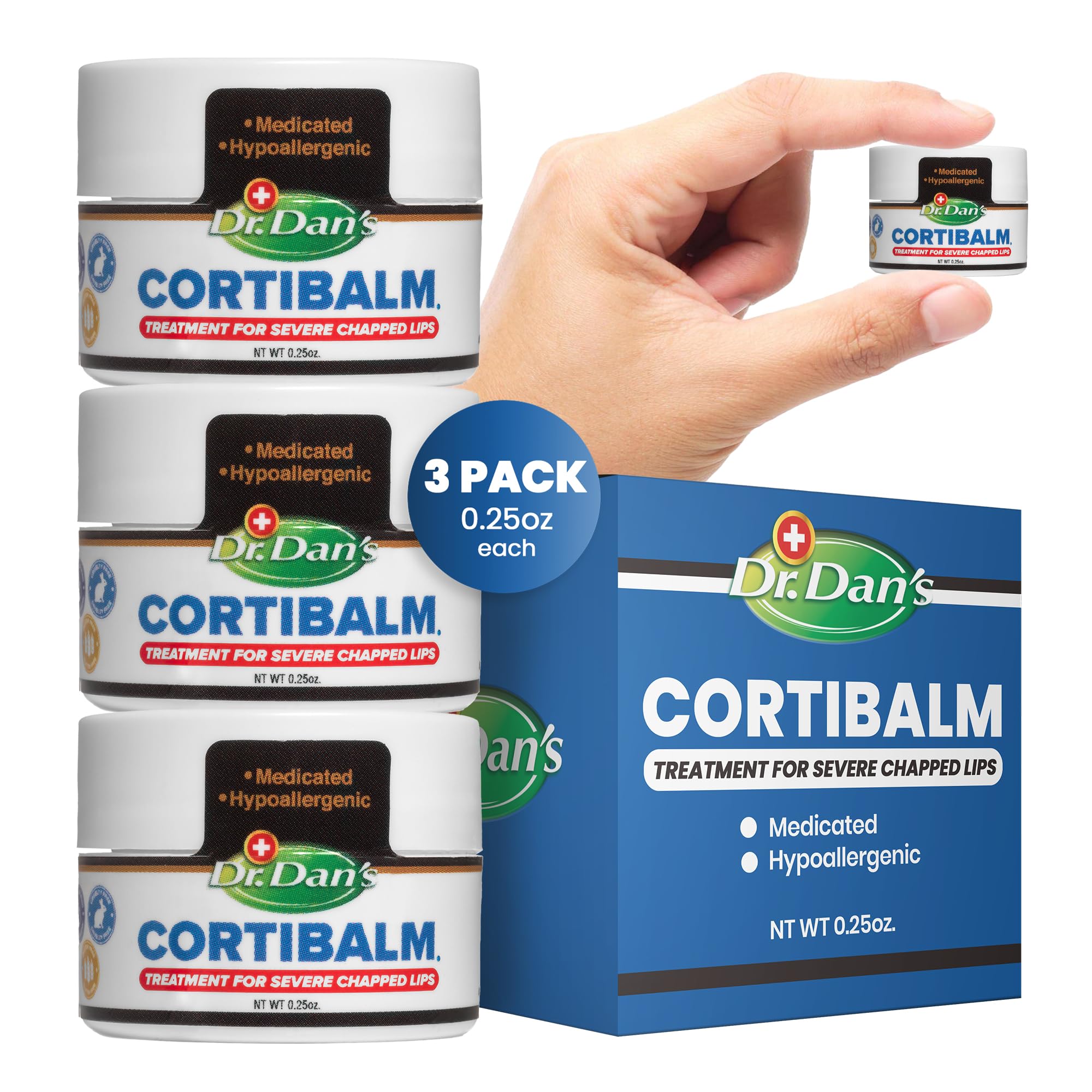 Dr. Dan's Cortibalm jar pack 3 close-up for dry lips relief.