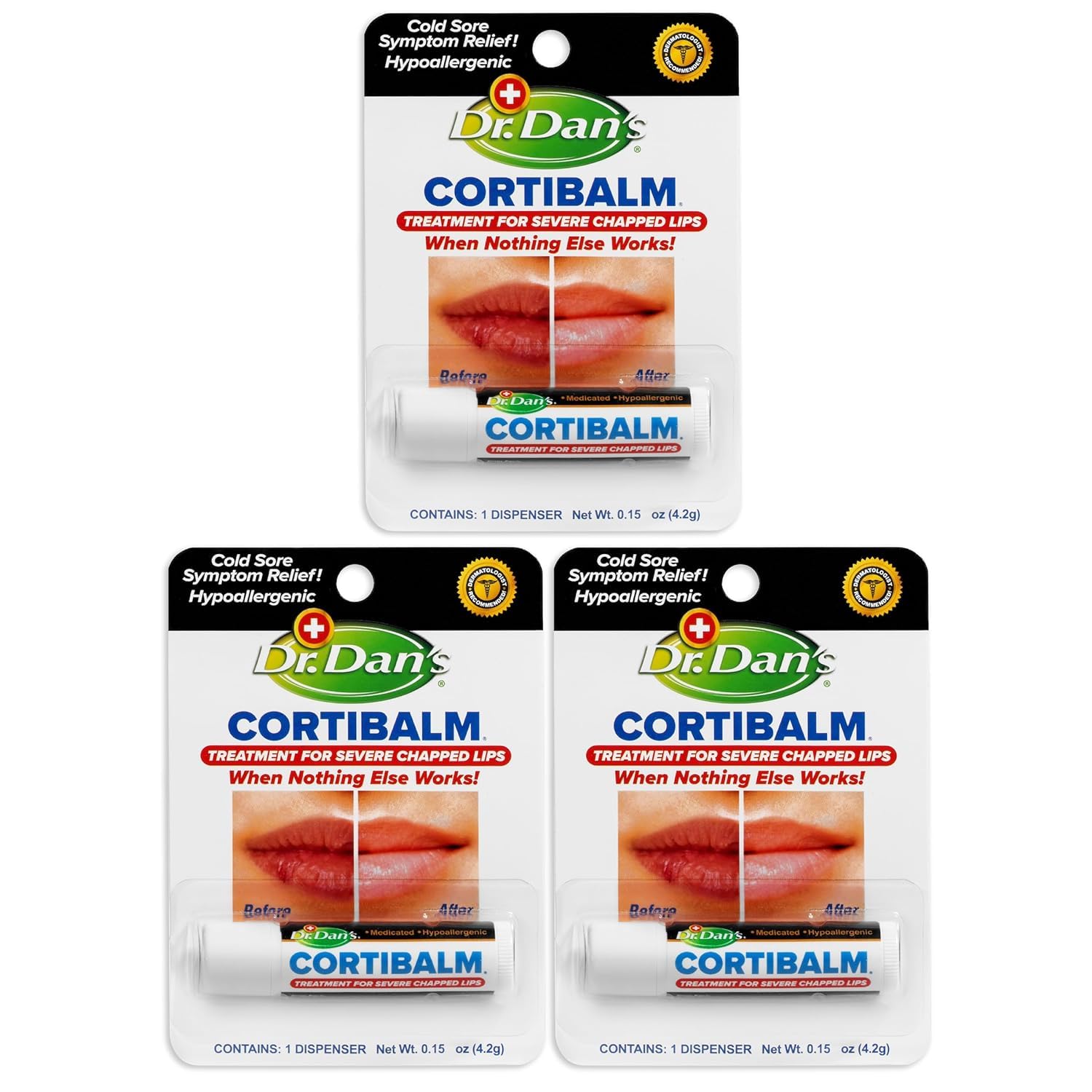 Dr. Dan's Cortibalm three-pack front view shows portable lip protection.