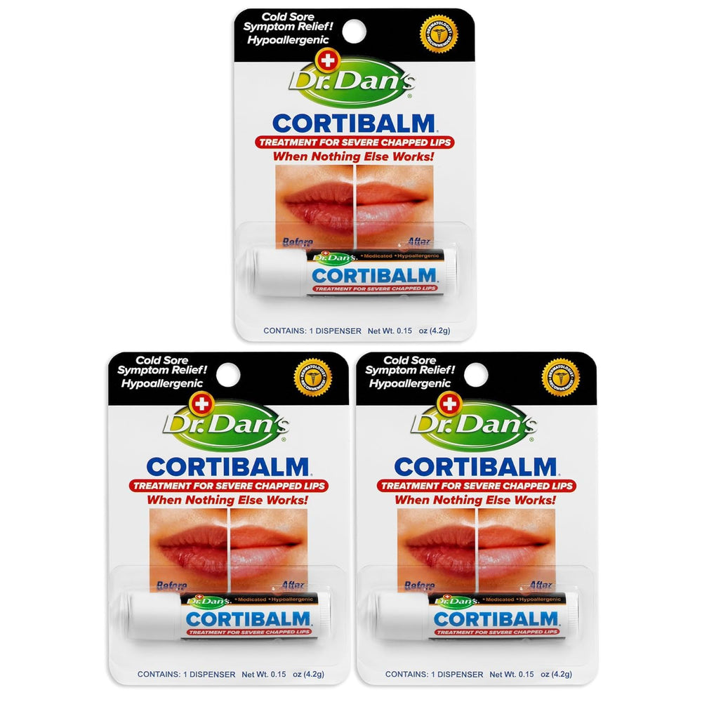 Dr. Dan's Cortibalm three-pack front view shows portable lip protection.
