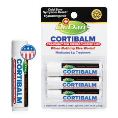 Dr. Dan's Cortibalm tube front demonstrates portable lip care for severe dryness and irritation.