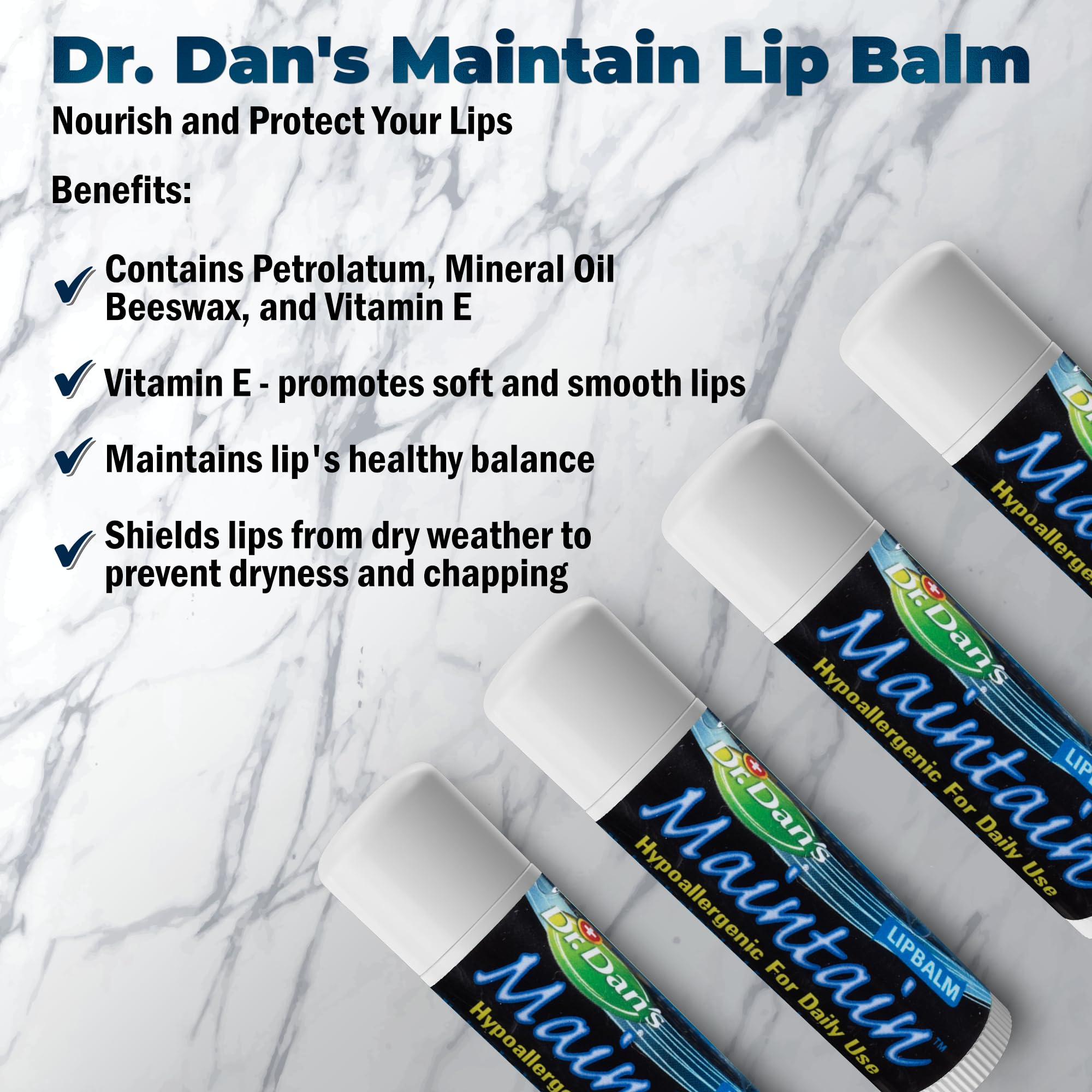 Dr. Dan's Maintain Lip Balm pack 3 back highlights mild formula and clean packaging.