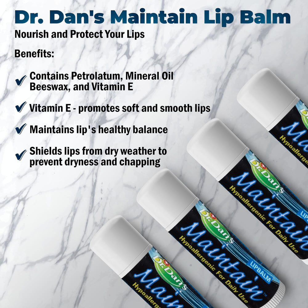Dr. Dan's Maintain Lip Balm pack 3 back highlights mild formula and clean packaging.