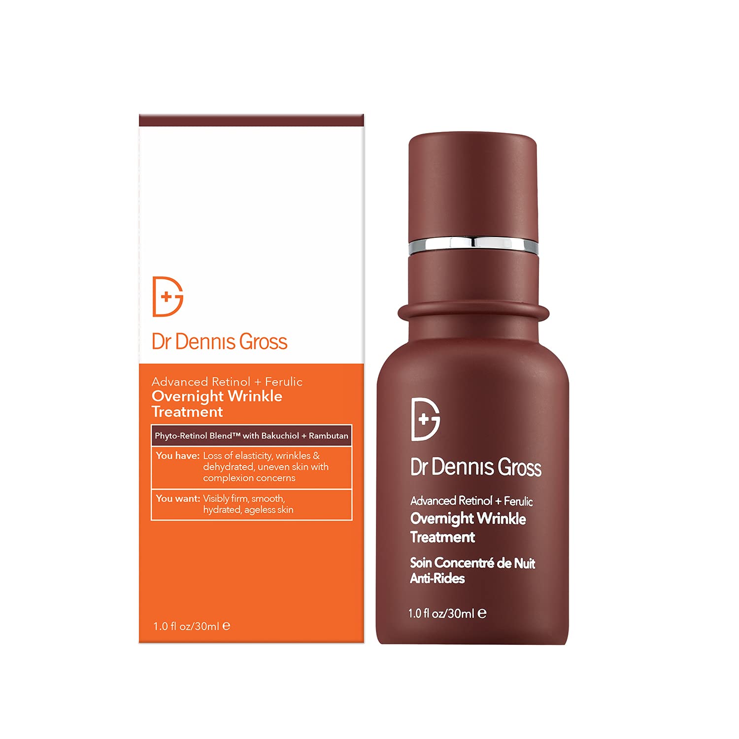 Dr Dennis Gross Advanced Retinol + Ferulic Overnight bottle with pump for easy nightly hydration.