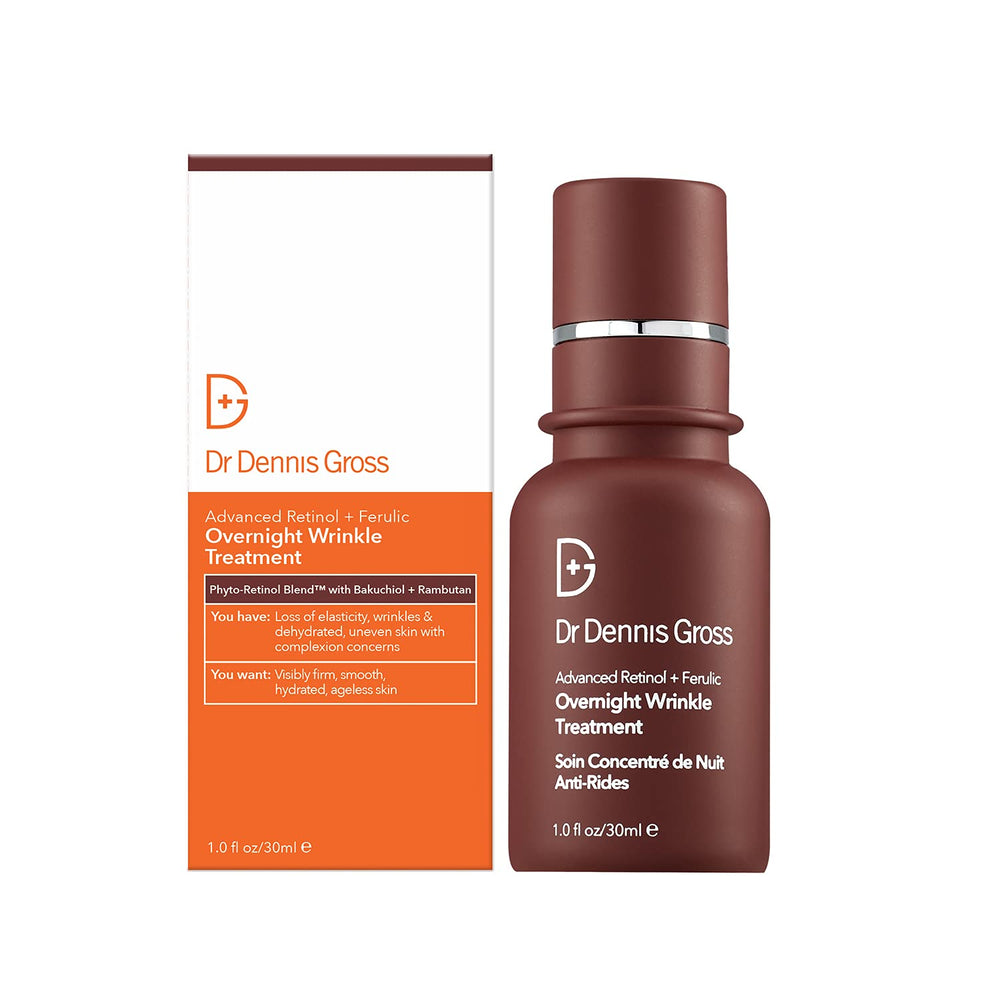 Dr Dennis Gross Advanced Retinol + Ferulic Overnight bottle with pump for easy nightly hydration.