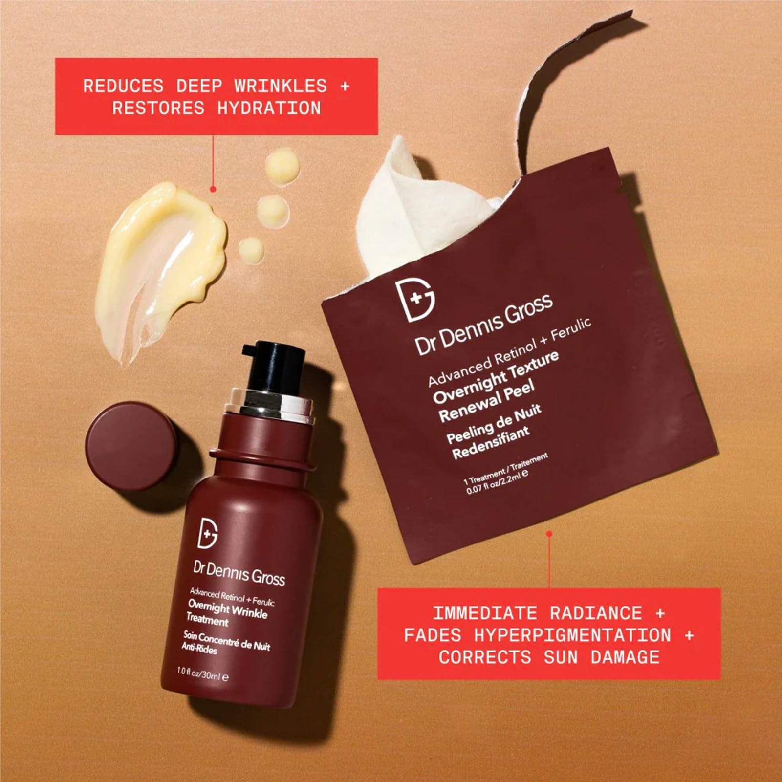 Dr Dennis Gross Advanced Retinol + Ferulic Overnight texture swatch suggesting smooth skin.
