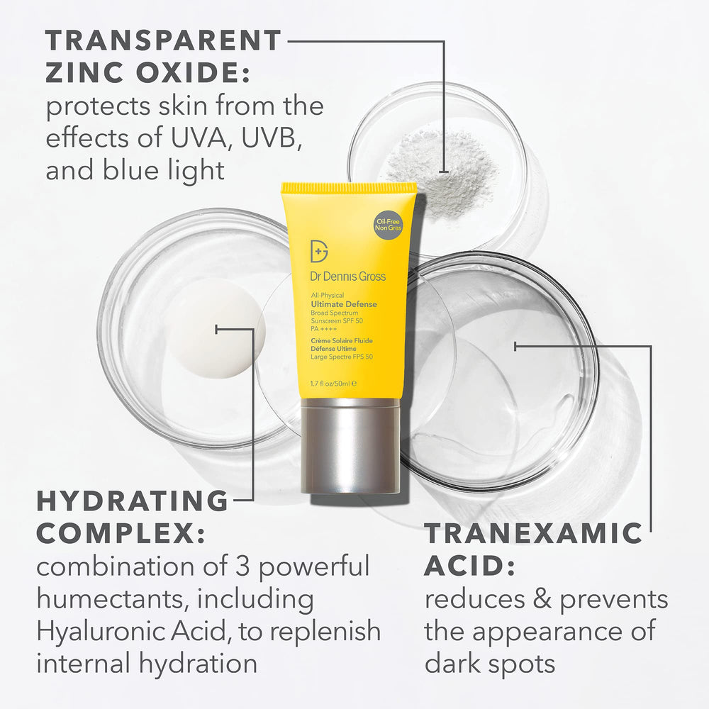 Dr Dennis Gross All-Physical Ultimate Defense Sunscreen worn under makeup for light, oil-free wear