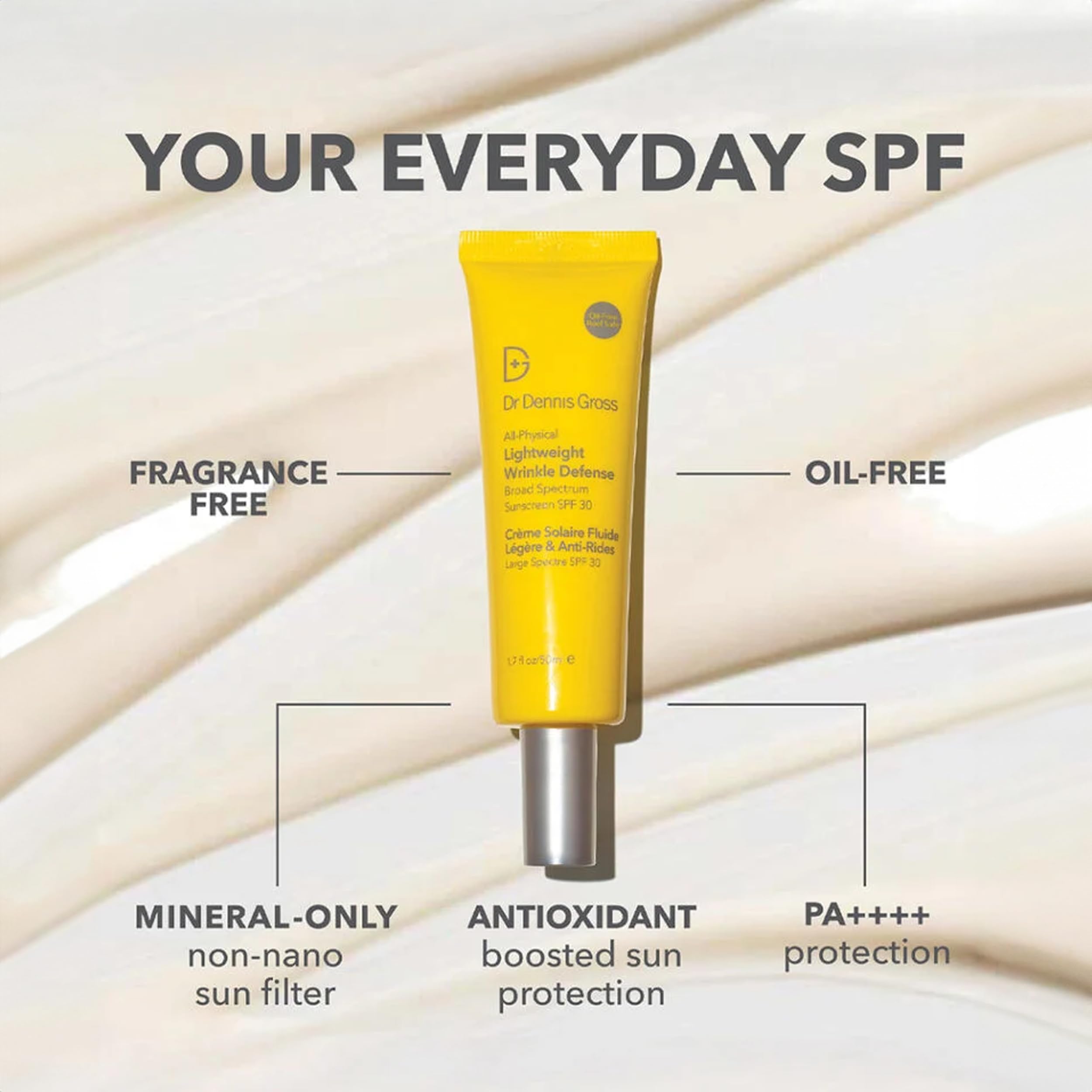 Dr Dennis Gross All-Physical Wrinkle Defense swatch warmed between fingers for easy blending under makeup.