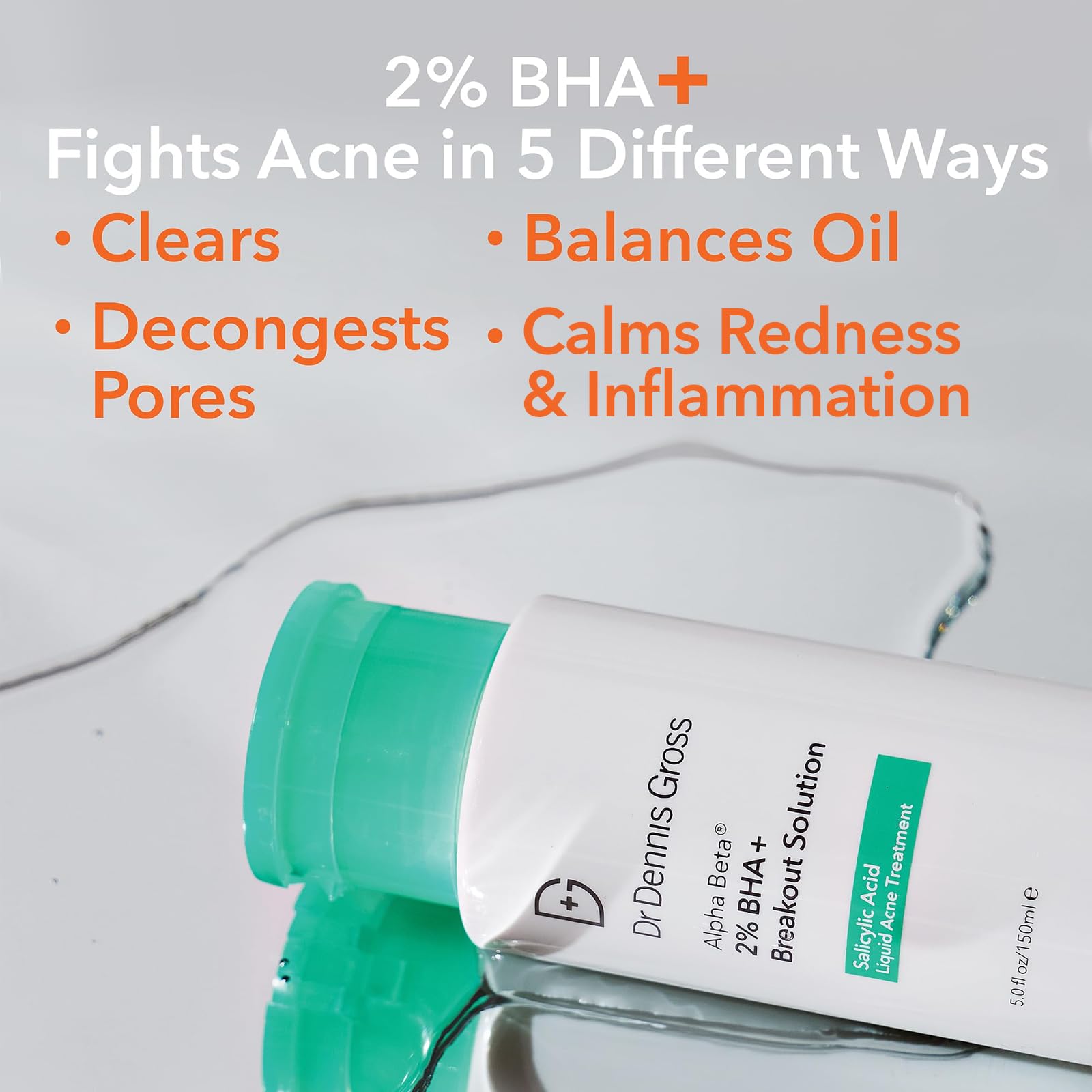 Dr Dennis Gross Alpha Beta bottle closeup highlights a powerful five-acid blend for acne support