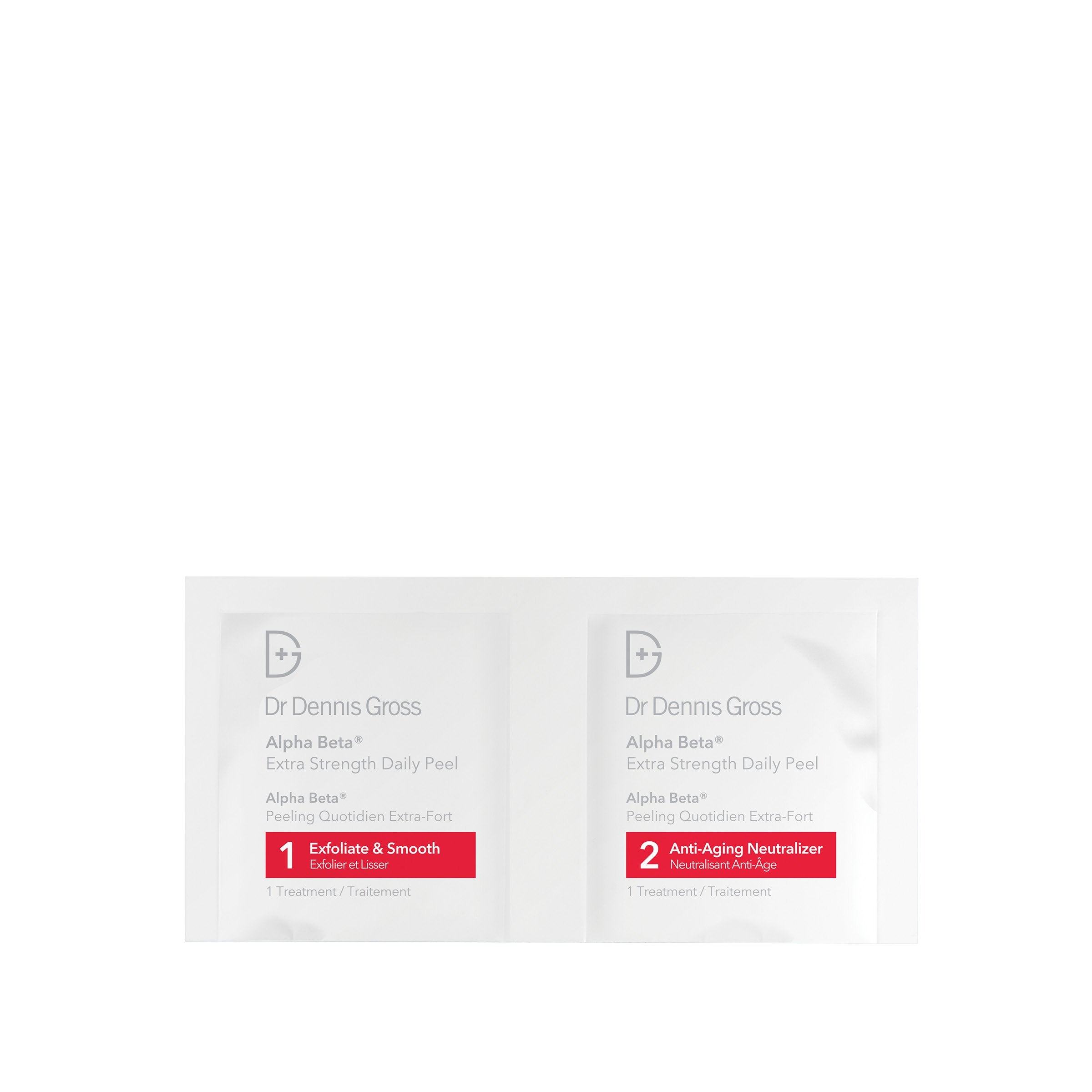Dr Dennis Gross Alpha Beta Extra Strength Daily Peel closeup on towelettes highlighting potent alpha beta acids.