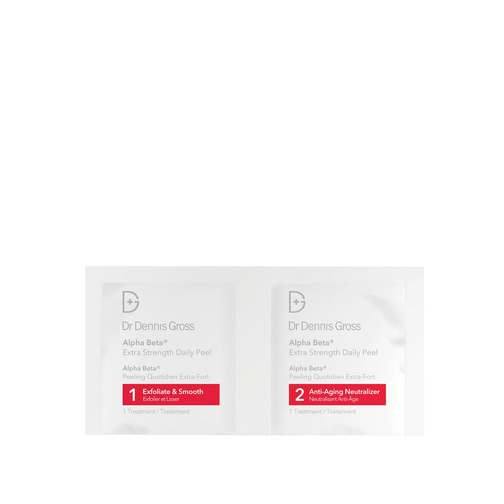 Dr Dennis Gross Alpha Beta Extra Strength Daily Peel closeup on towelettes highlighting potent alpha beta acids.