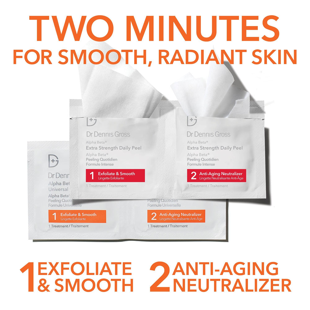 Dr Dennis Gross Alpha Beta Extra Strength peels ready for targeted resurfacing at home.