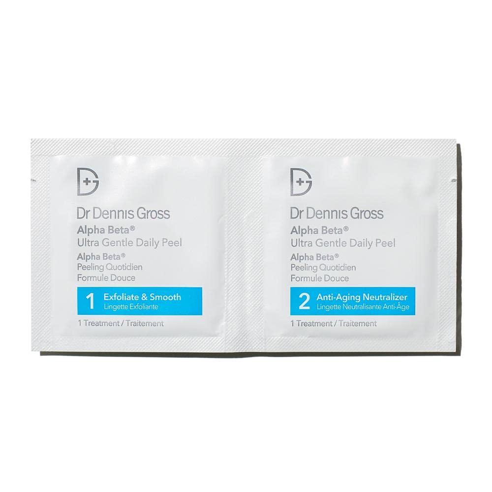 Dr Dennis Gross Alpha Beta Ultra Gentle Daily Peel acids highlighted for gentle exfoliation.