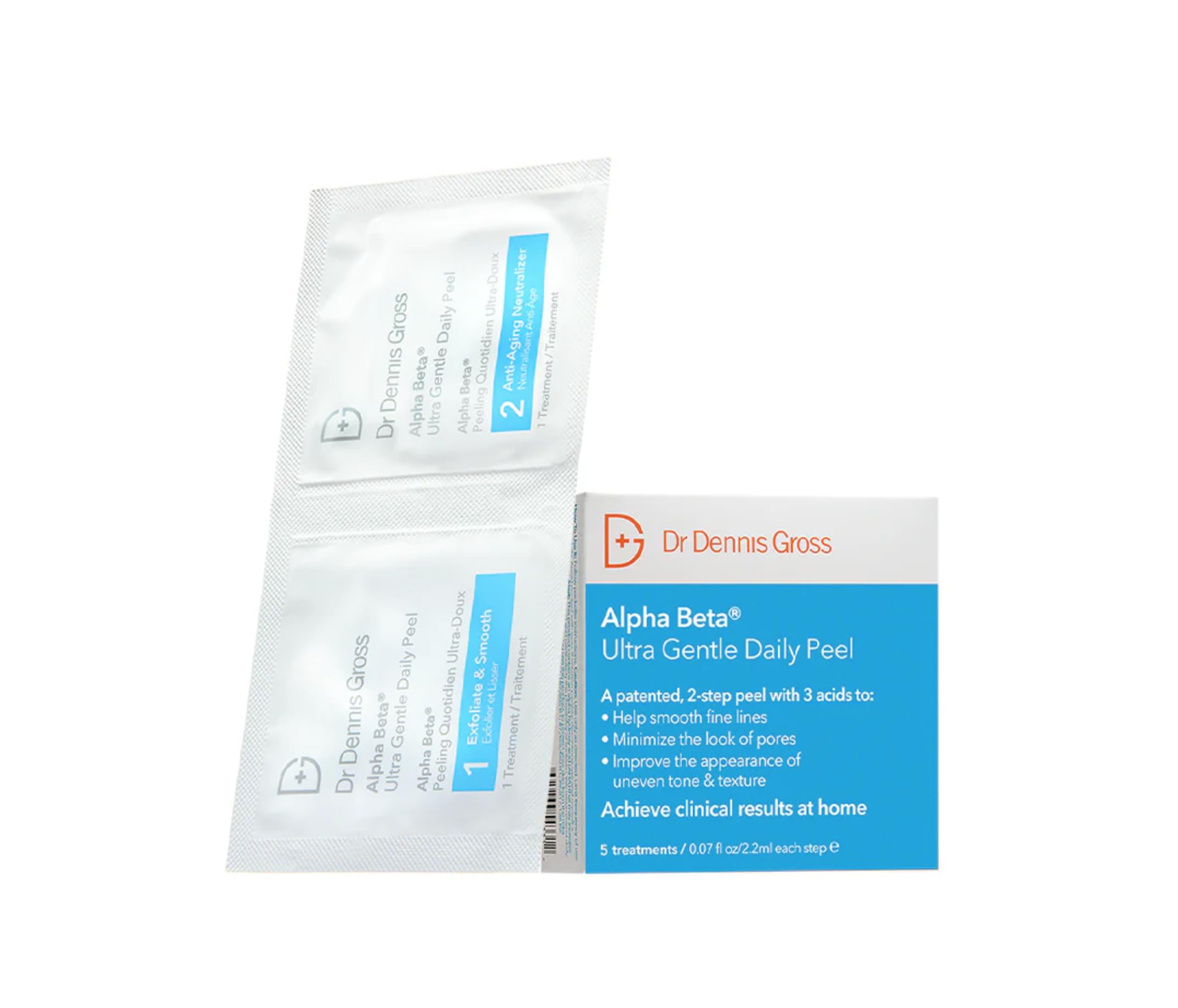 Dr Dennis Gross Alpha Beta Ultra Gentle Daily Peel packaging shown for daily-use exfoliation.