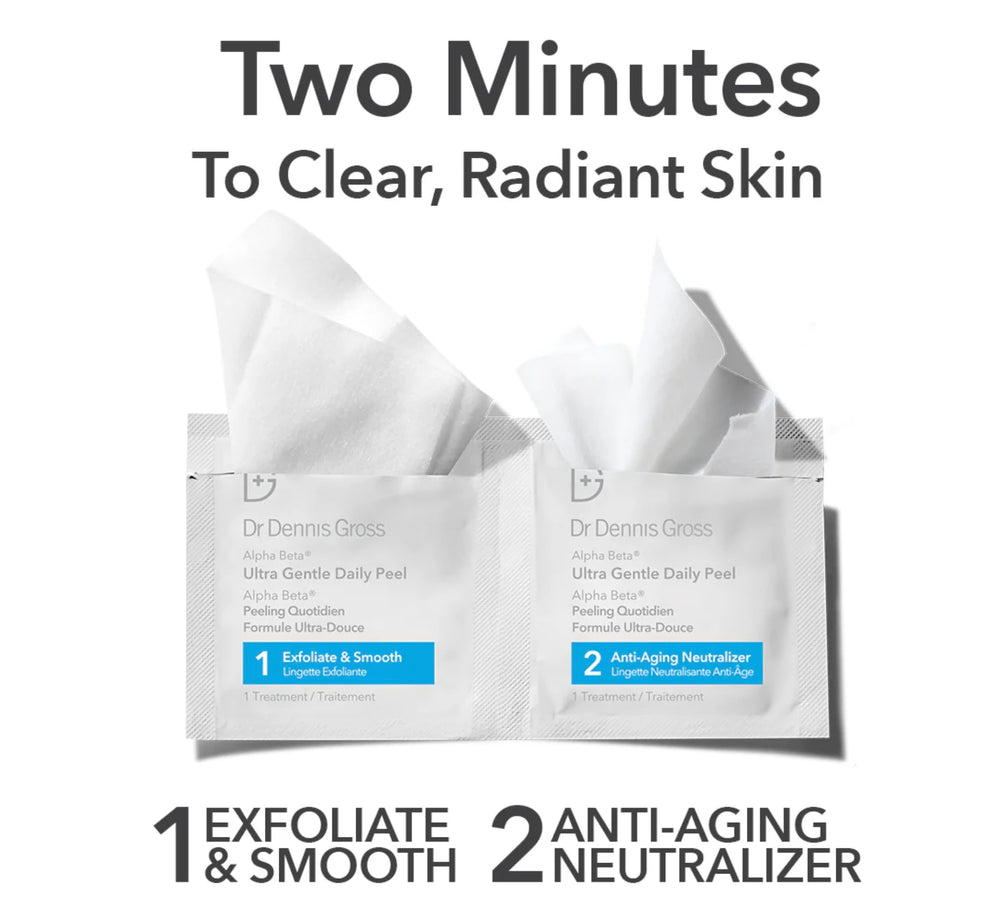 Dr Dennis Gross Alpha Beta Ultra Gentle Daily Peel Step 1 exfoliation for smoother texture.
