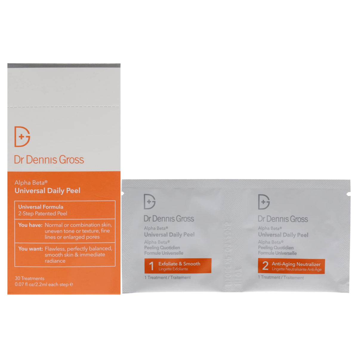 Dr Dennis Gross Alpha Beta Universal Daily Peel bottle front view shows two-step exfoliation for radiant skin