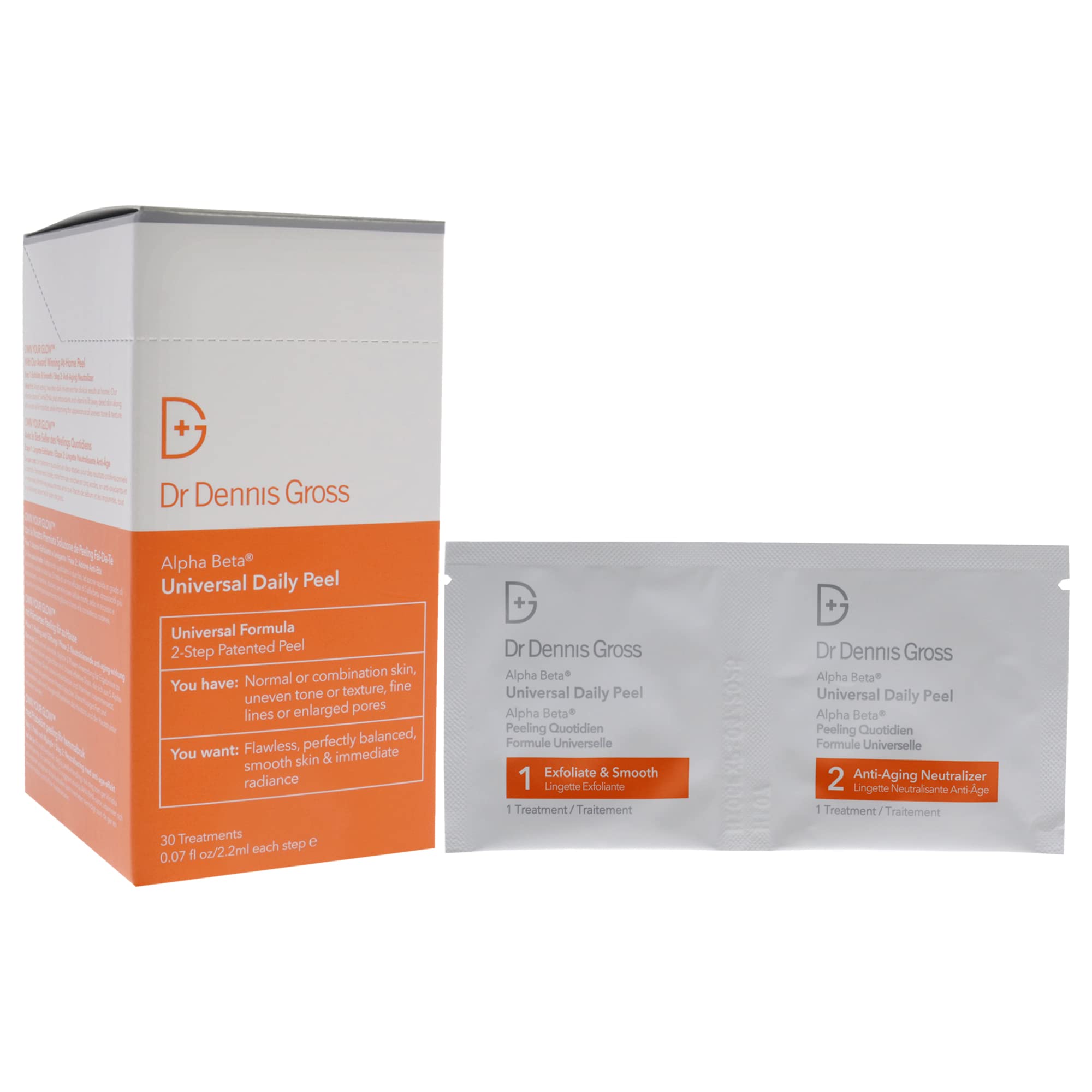 Dr Dennis Gross Alpha Beta Universal Daily Peel close-up of acids and antioxidant protection on label