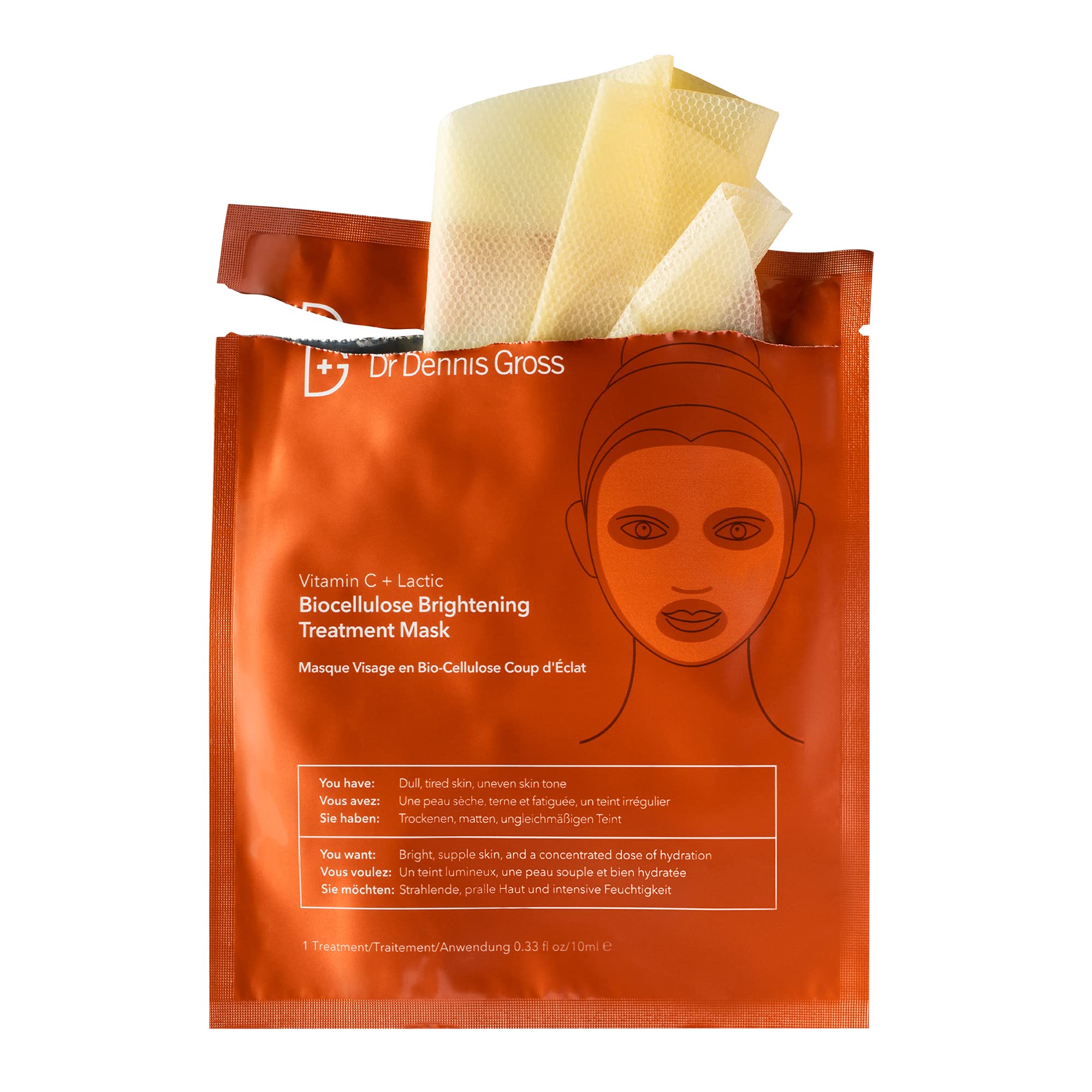 Dr Dennis Gross biocellulose mask sheet applied on face showing calming redness and even tone