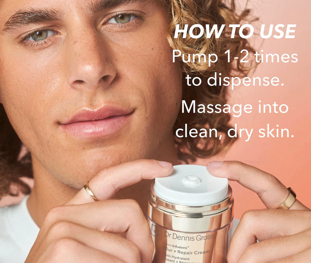 Dr Dennis Gross DermInfusions Blur + Repair Cream jar closeup signaling moisture and elasticity support