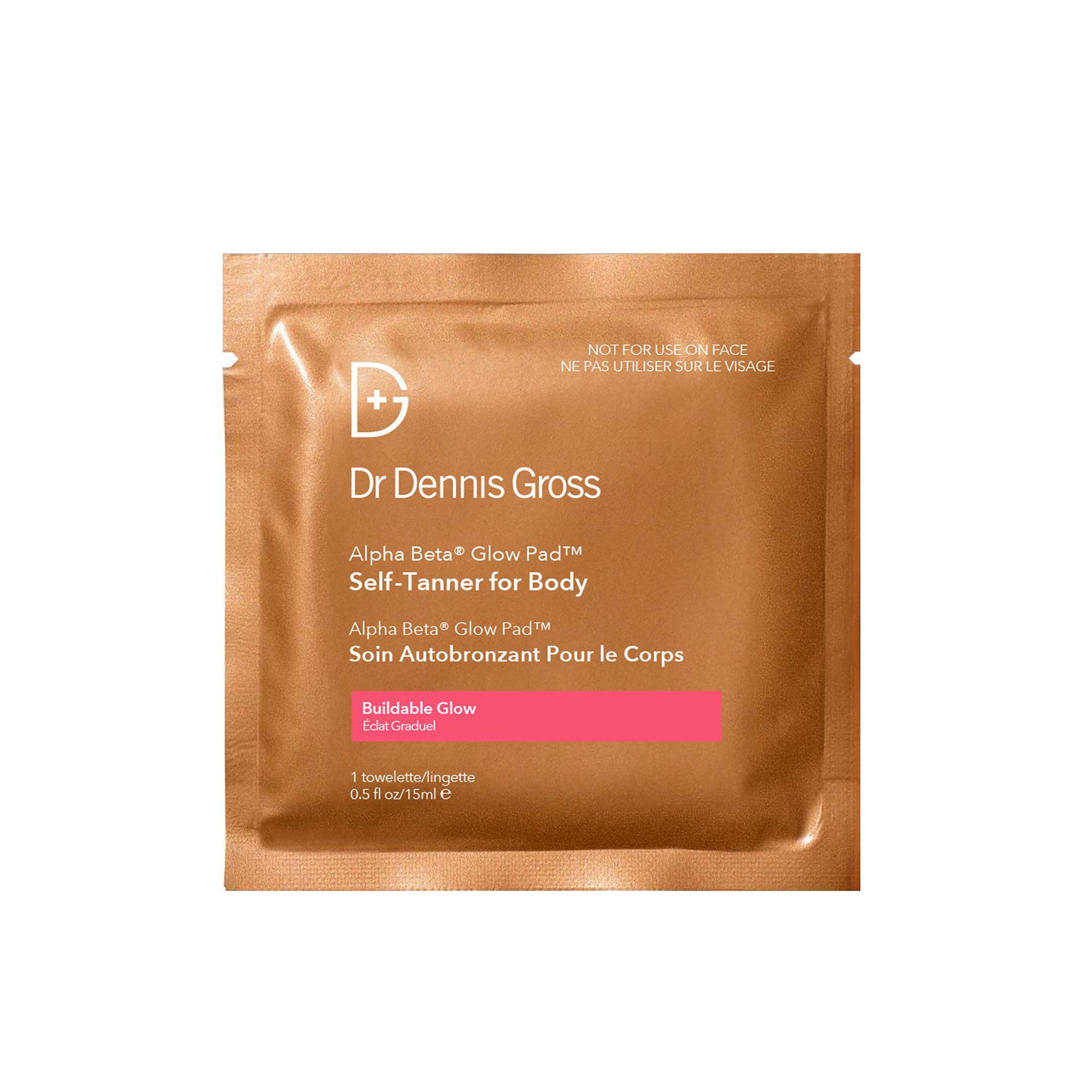 Dr Dennis Gross Glow Pad Body packaging highlights eight convenient towelettes.