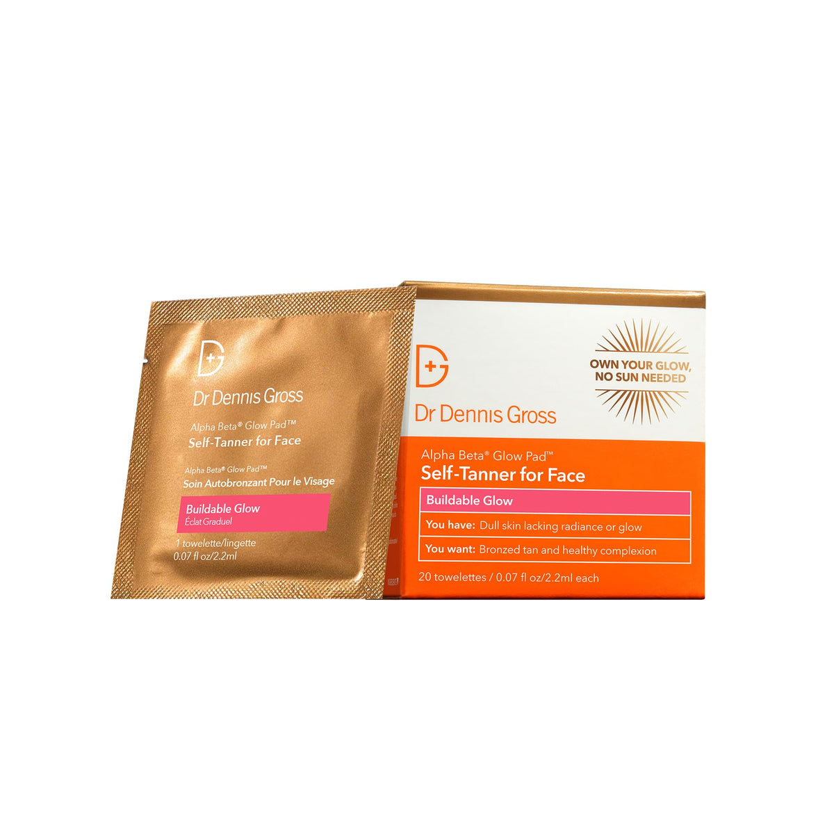 Dr Dennis Gross Glow Pad face towelette pack shows convenient, streak-free sunless tanning.