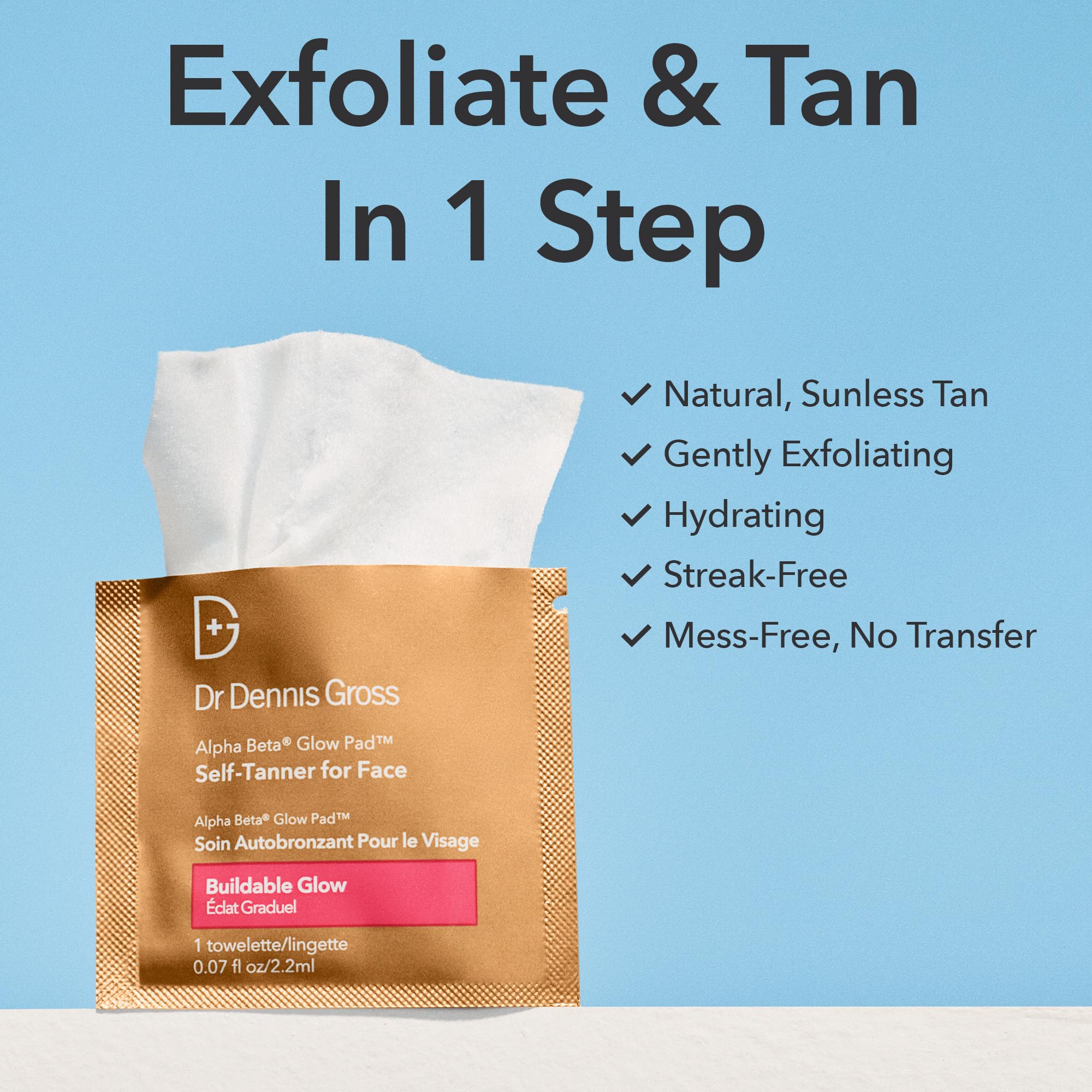 Dr Dennis Gross Glow Pad fast drying formula delivers mess-free, convenient tanning in under an hour.