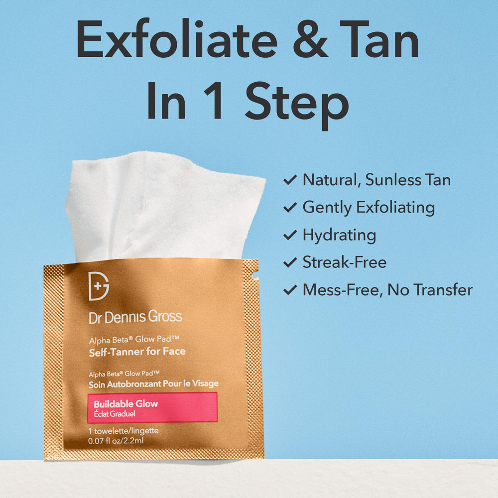 Dr Dennis Gross Glow Pad fast drying formula delivers mess-free, convenient tanning in under an hour.