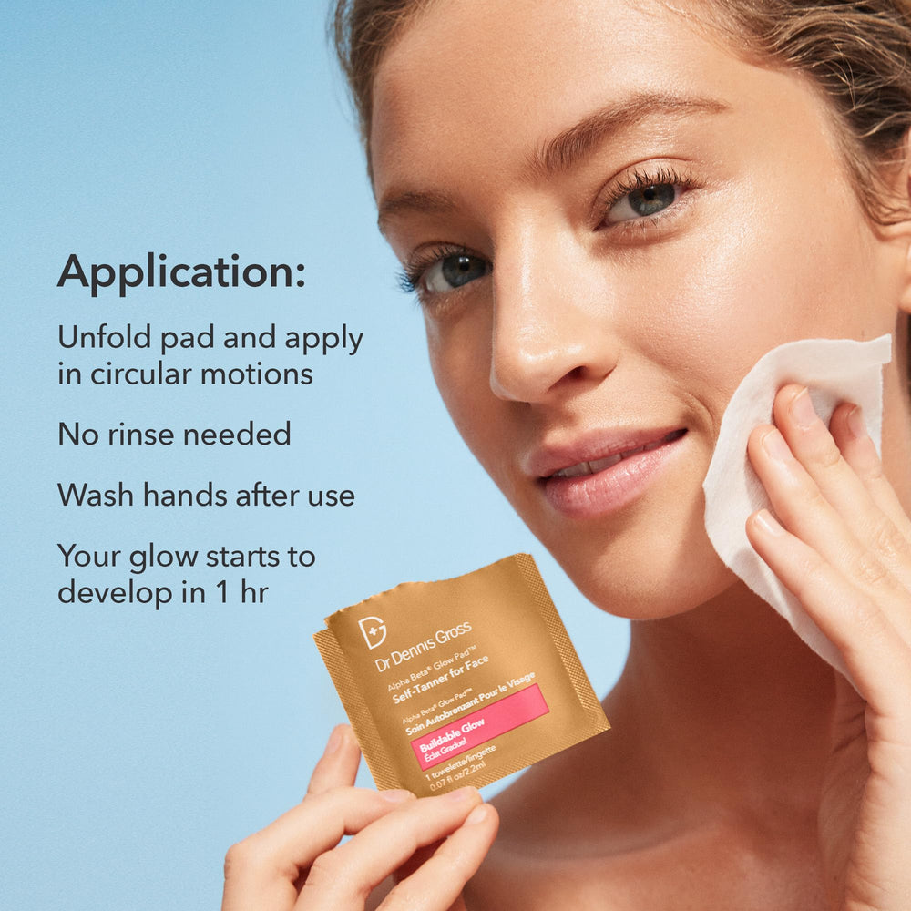 Dr Dennis Gross Glow Pad no-streak finish showcases streak-free tanning.