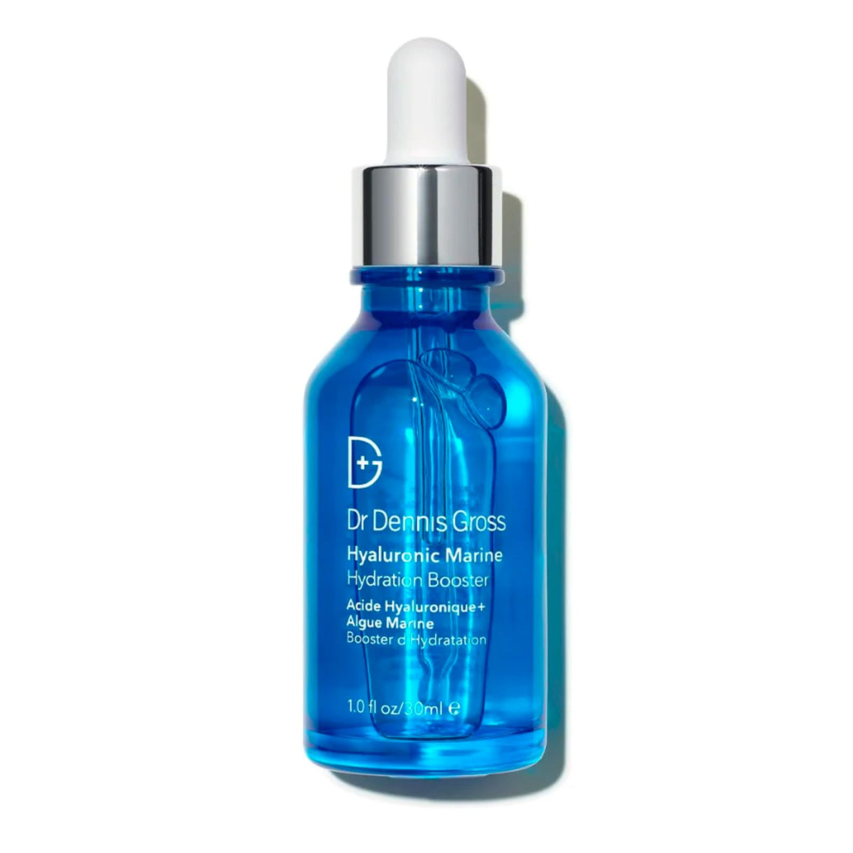 Dr Dennis Gross Hyaluronic Marine Hydration Booster bottle boosts weightless hydration for plumper-looking skin.