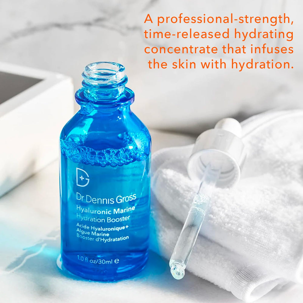 Dr Dennis Gross Hyaluronic Marine Hydration Booster seaweed-algae focus highlights moisture delivery.