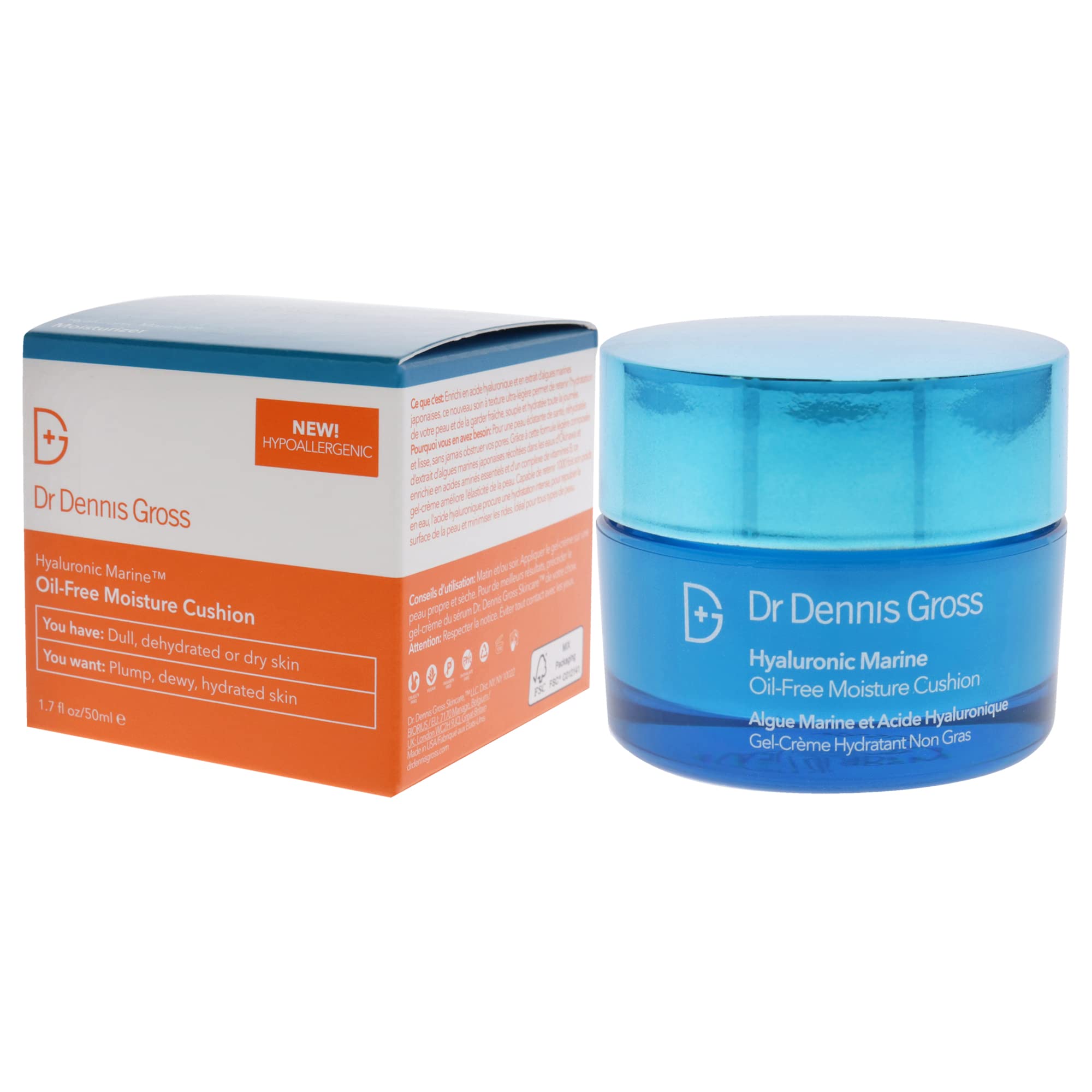 Pump dispensing Dr Dennis Gross Hyaluronic Marine moisture cushion for lightweight application