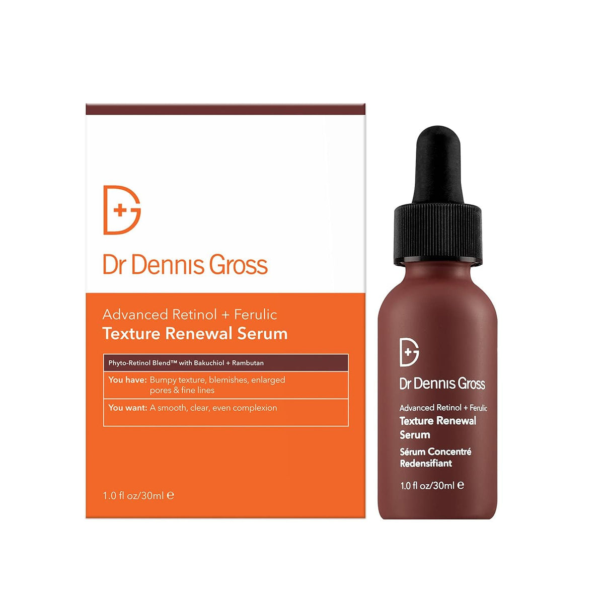 Dr. Dennis Gross serum bottle closeup showing anti-aging formula for renewed texture