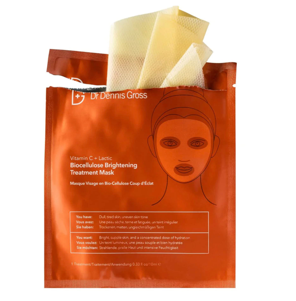 Dr Dennis Gross Vitamin C Lactic Biocellulose mask application demonstrates contour-hugging hydration