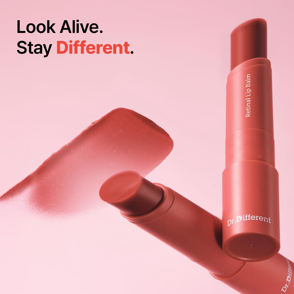 Dr.Different retinal lip balm tinted apply-on lips demonstrates smooth glide and moisturizing payoff.
