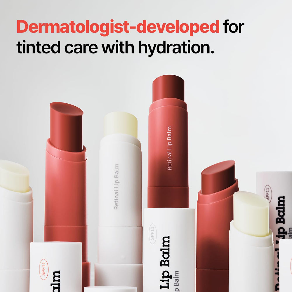 Dr.Different retinal lip balm tinted swatch shows natural tint and lip-plumping potential.