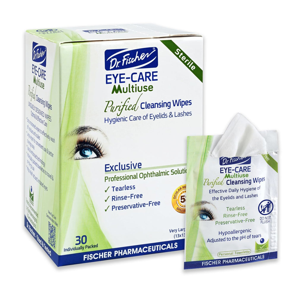 Dr. Fischer Eyelid Wipes empaque: limpieza suave para ojos sensibles.