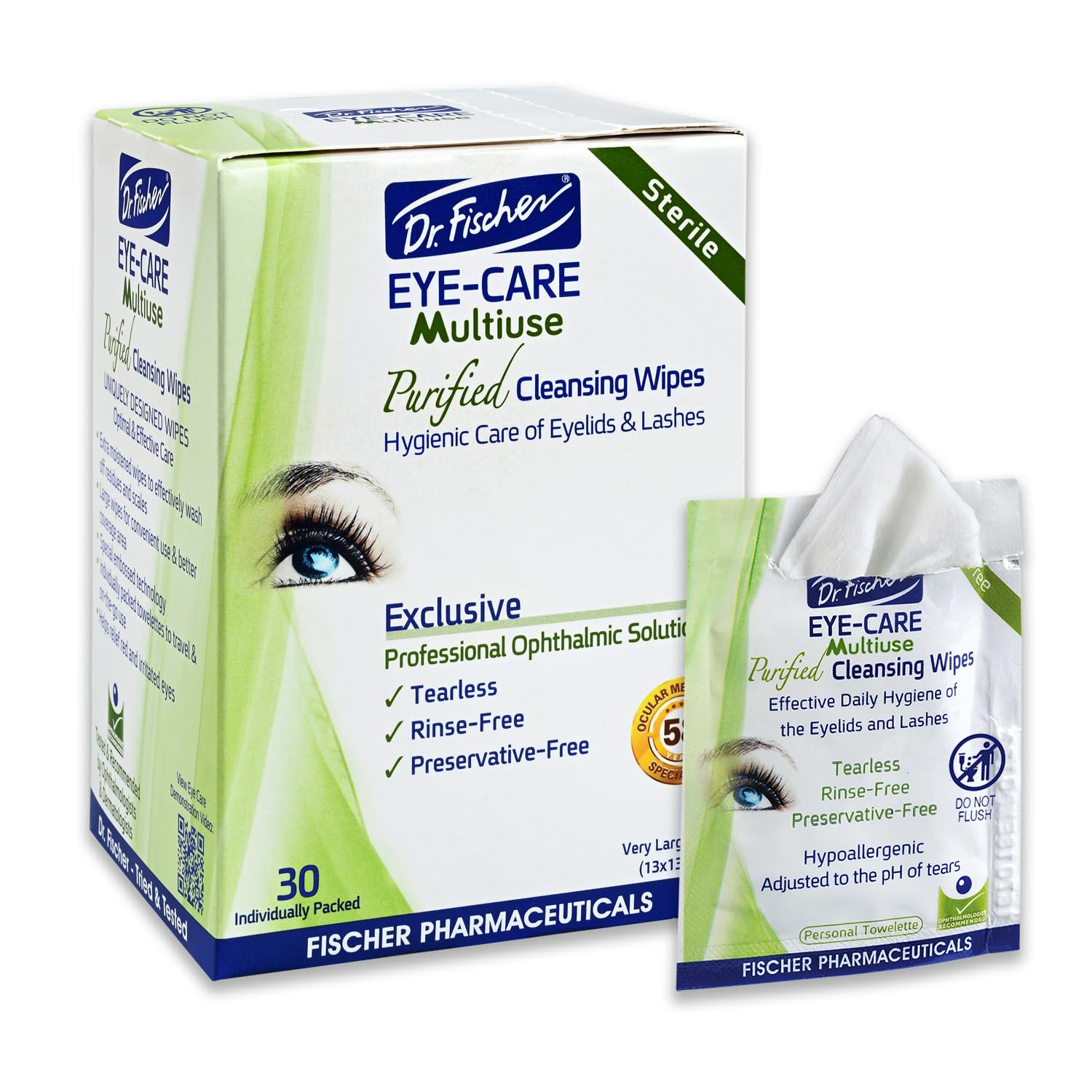 Dr Fischer Eyelid Wipes pack front view for gentle pre-moistened cleansing on sensitive skin