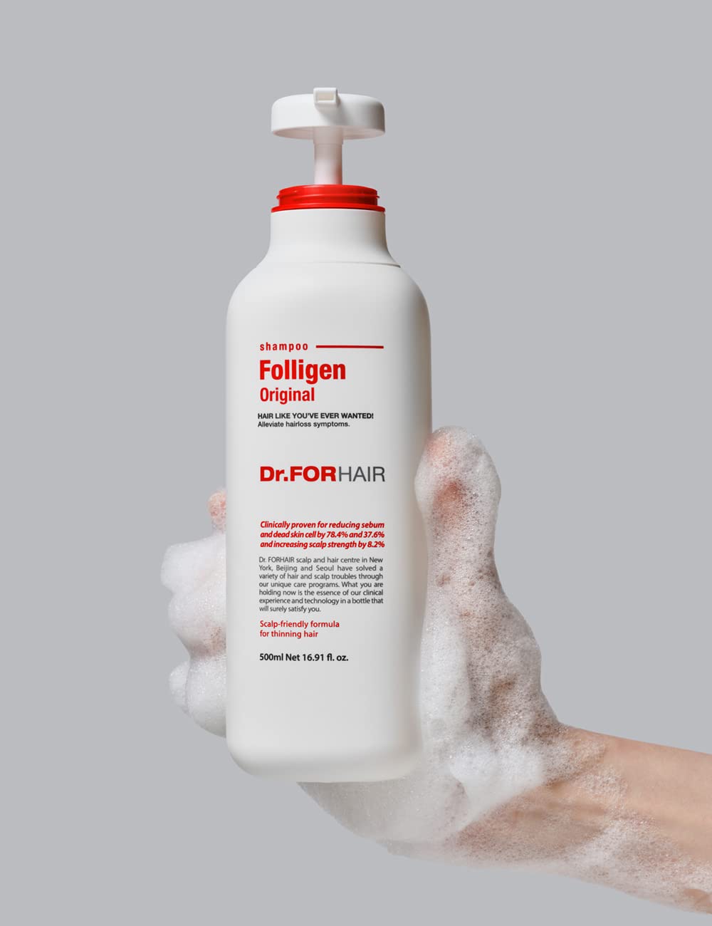 DR.FORHAIR Folligen Original Shampoo lather closeup highlights rich cleansing for the scalp.
