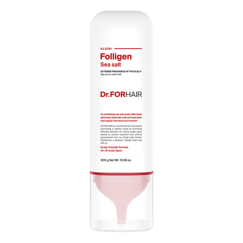 DR.FORHAIR Folligen Sea Salt Scaler bottle pours for refreshing scalp exfoliation.