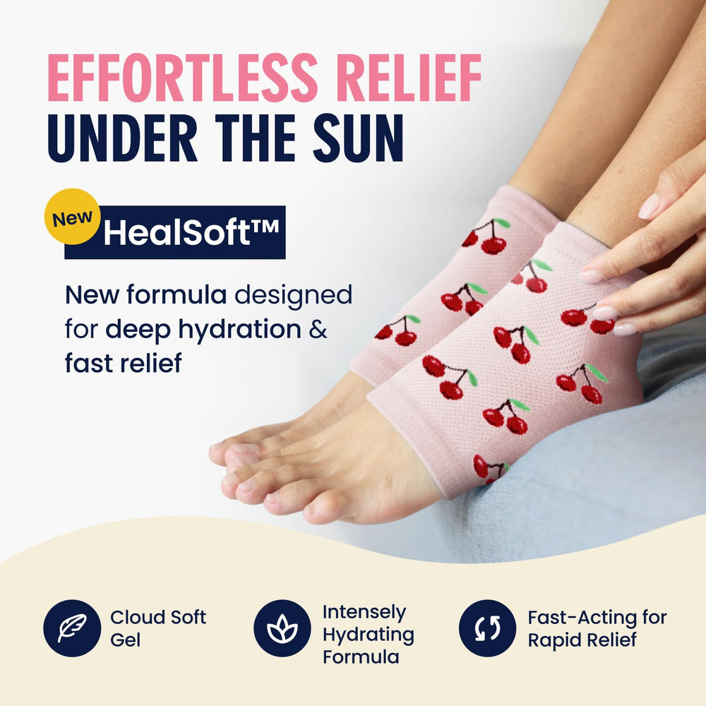 Dr. Frederick's Original gel-lined heel socks close-up highlights moisture-locking layer for hydration.