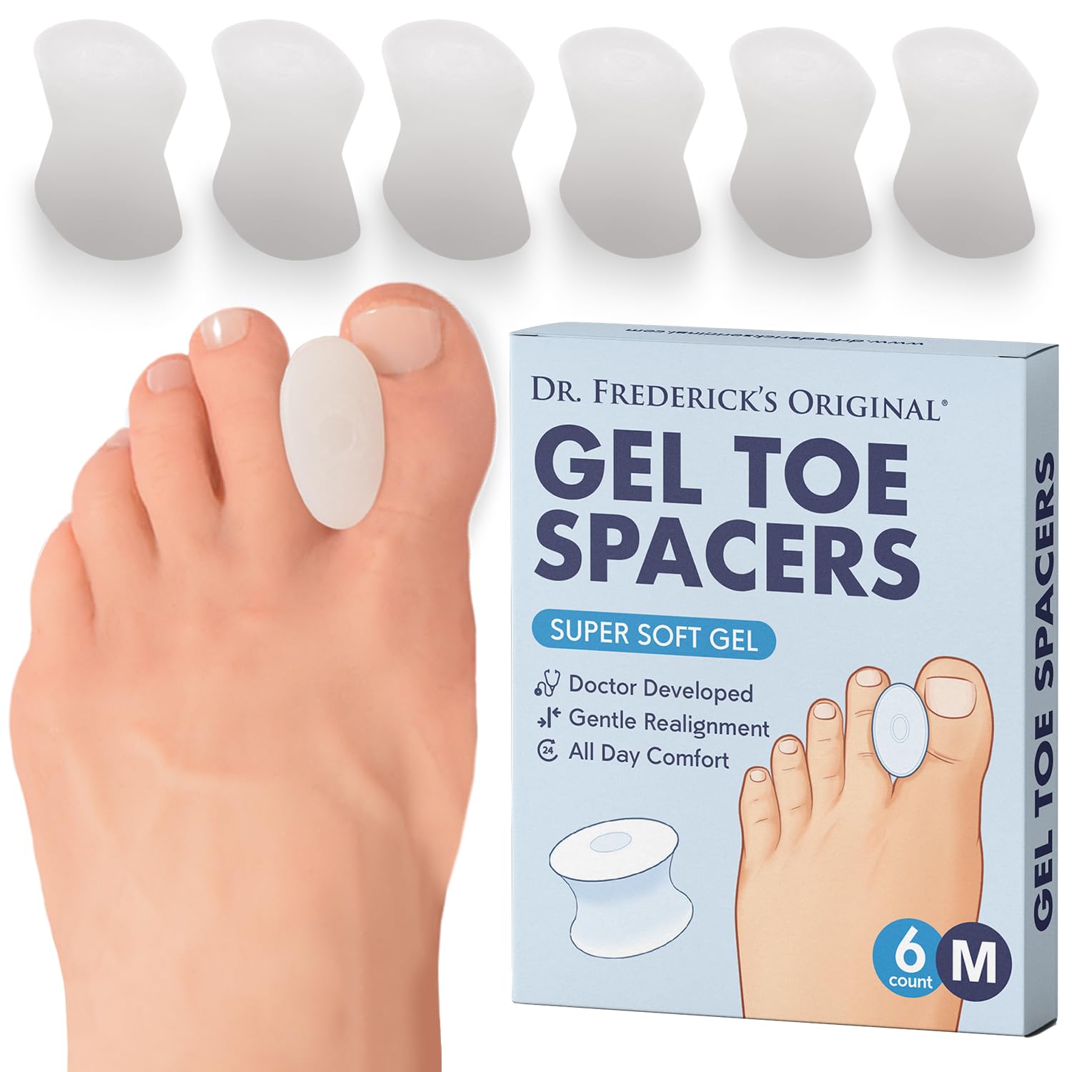 Dr. Frederick's Original gel toe separators close-up showing soft cushioning for everyday toe alignment